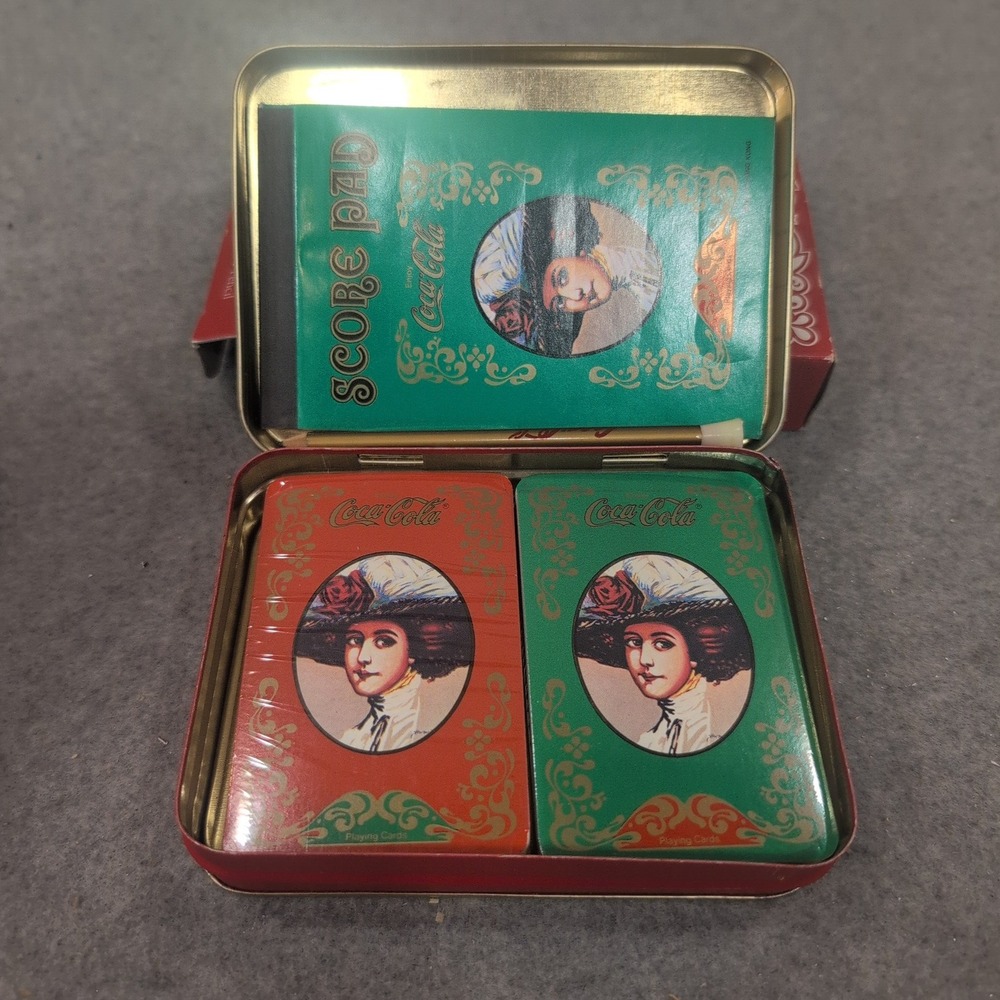 Old Fashioned Coca-Cola Tin and Playing Card Set 2 Decks Score Pad Pencil Red - Picture 4 of 4